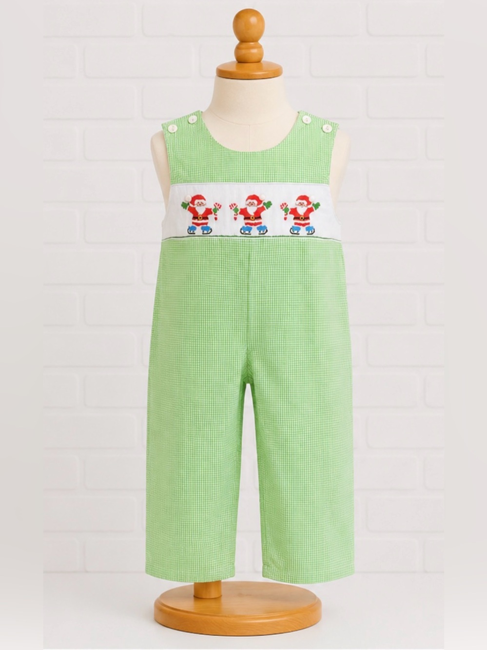 Anavini Kids Smocked Santa Jon Jon Longall 24M Green Gingham Christmas Holiday
